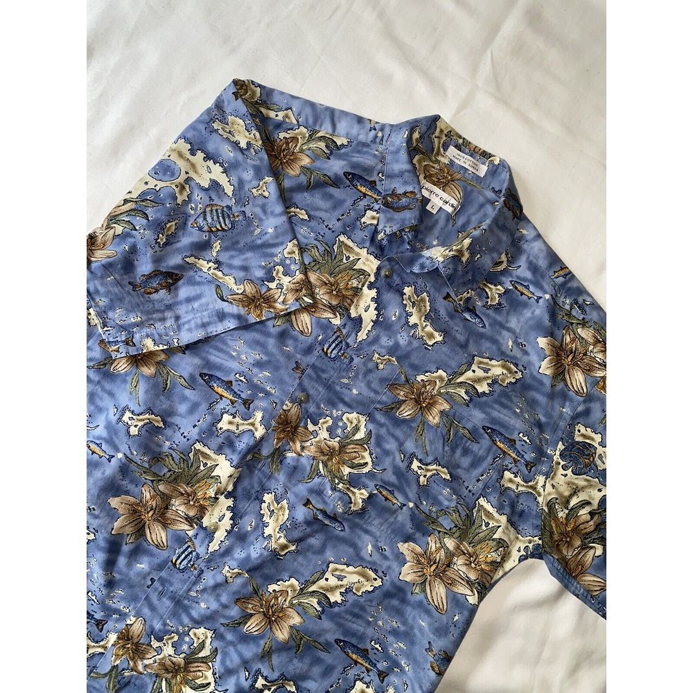 Vintage Pierre Cardin Hawaiian Shirt L Button Up Short Sleeve Blue Floral Cotton